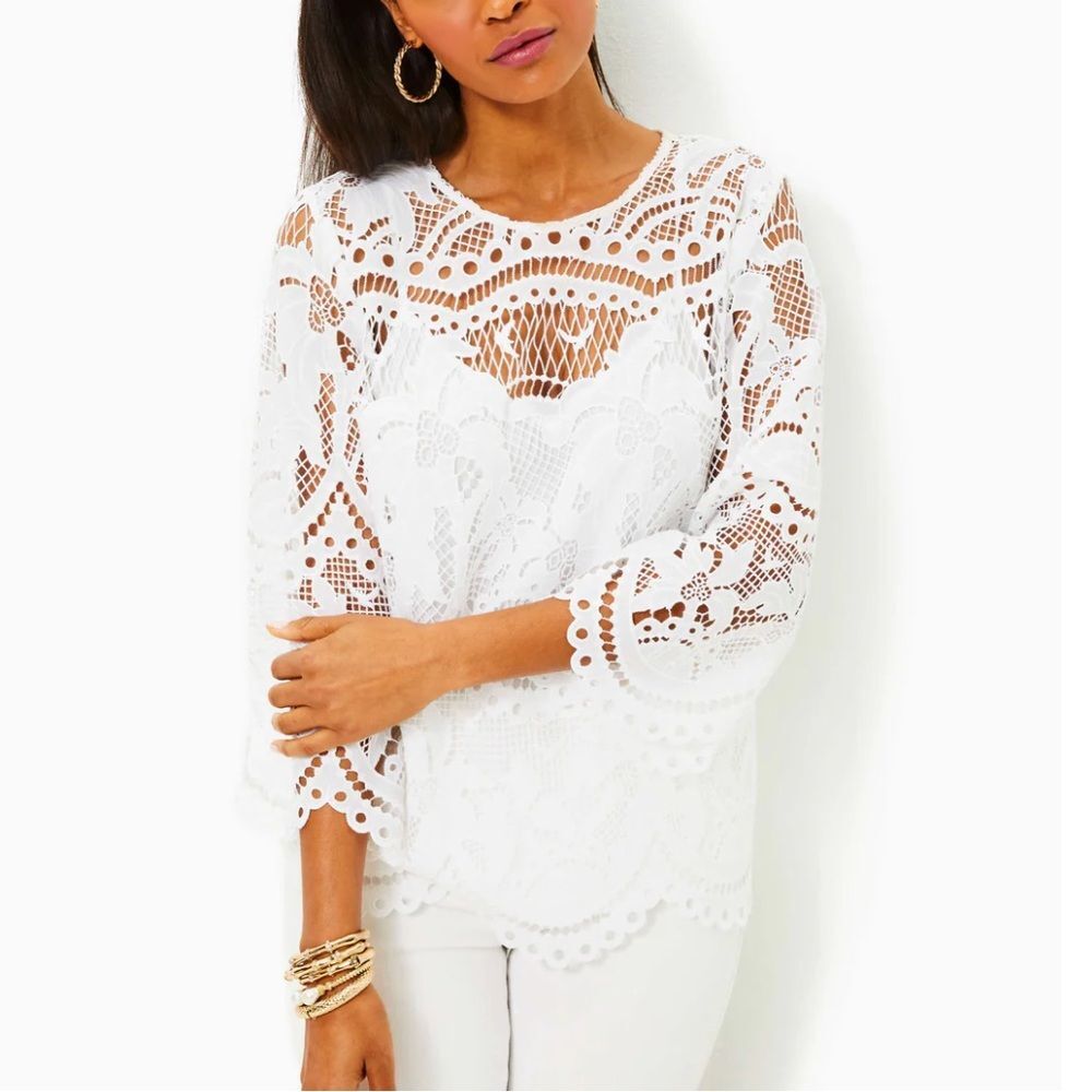 Lilly Pulitzer Oakland Tunic Shirt Size 0 NWT $228 Top Palms Paradise Lace White